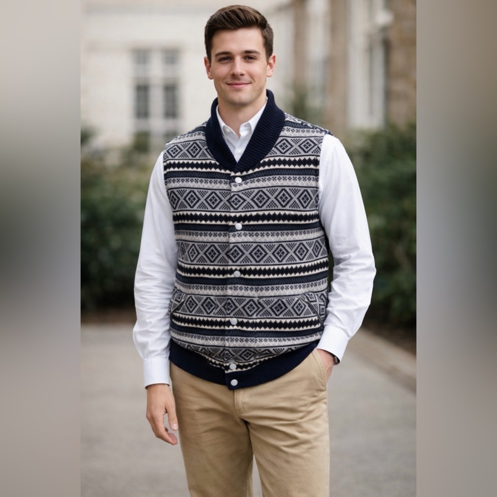 Lark & Wolff Men’s Gray Geometric Striped Wool Blend Sweater Vest Sz S Preppy